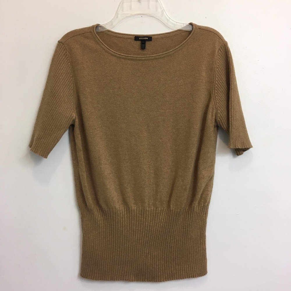 Escada Short Sleeve Knit Sweater Top Brown 10